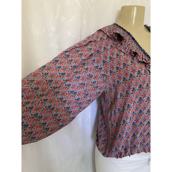 Diane Freis Top Blouse 3/4 Balloon Sleeve Tie Geo Floral V Neck Pleat ta… - Picture 4 of 10